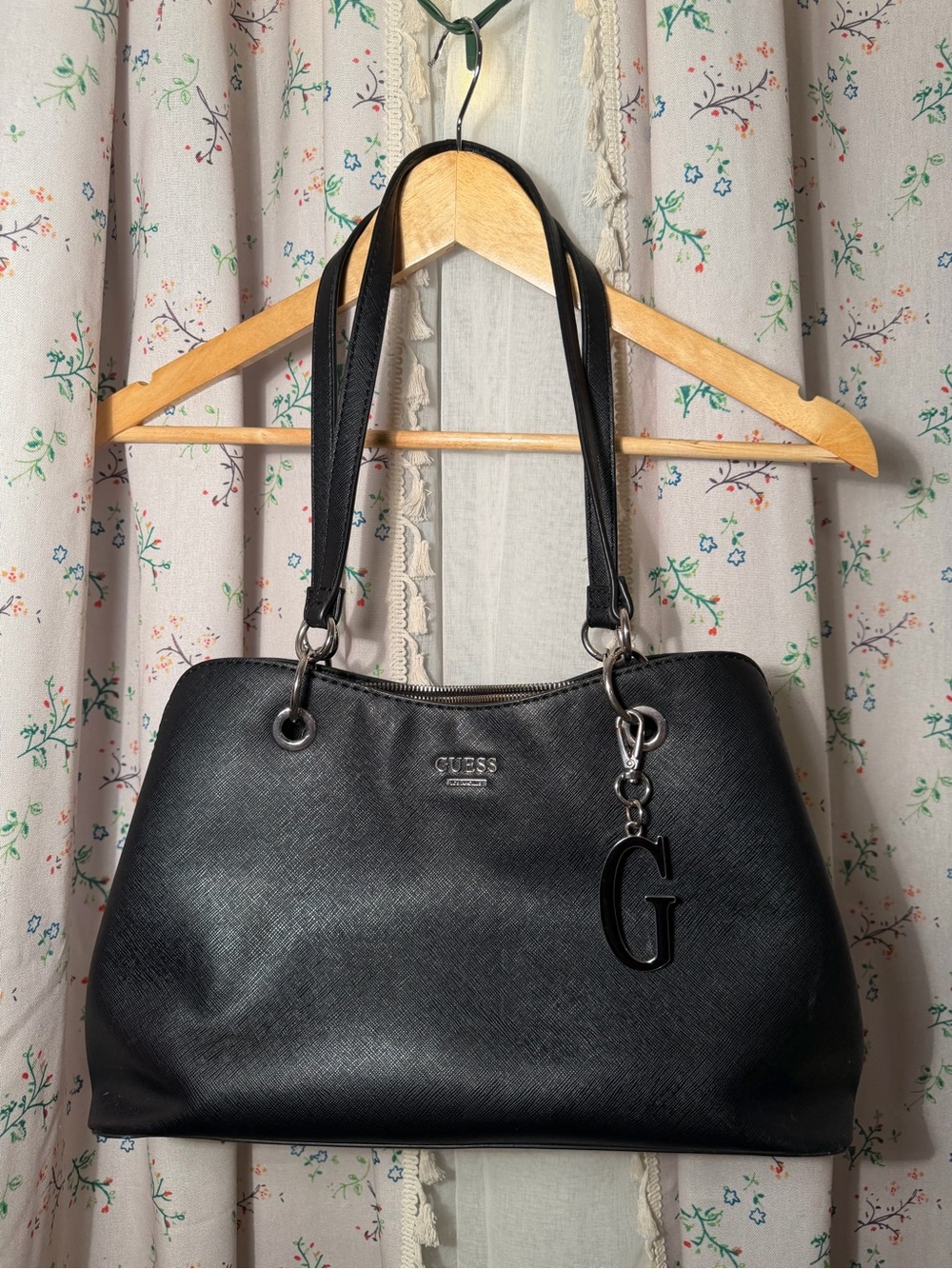 GUESS Black Saffiano Shoulder Bag with G Charm & Wallet
